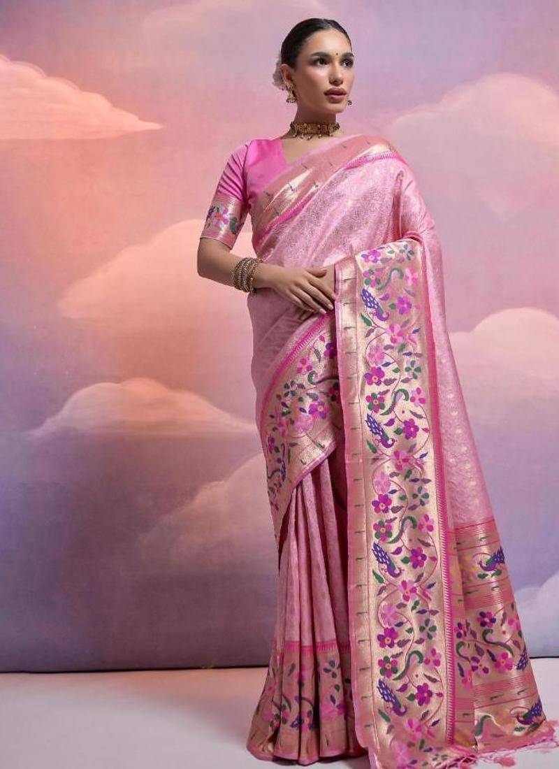 pink banarasi silk blend paithani kanjivaram weaving saree