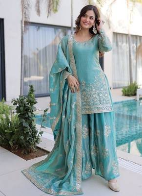 sky blue zari sequins embroidered sharara set with dupatta 2