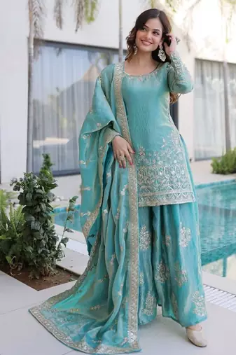 sky blue zari sequins embroidered sharara set with dupatta