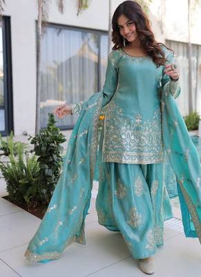 sky blue zari sequins embroidered sharara set with dupatta 3