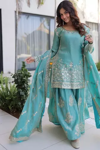 sky blue zari sequins embroidered sharara set with dupatta