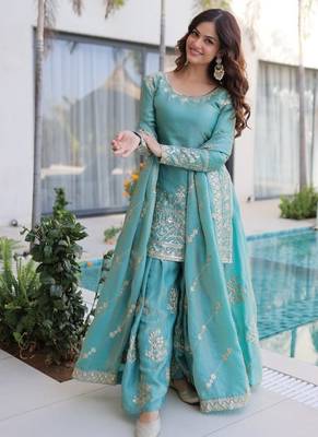 sky blue zari sequins embroidered sharara set with dupatta 4