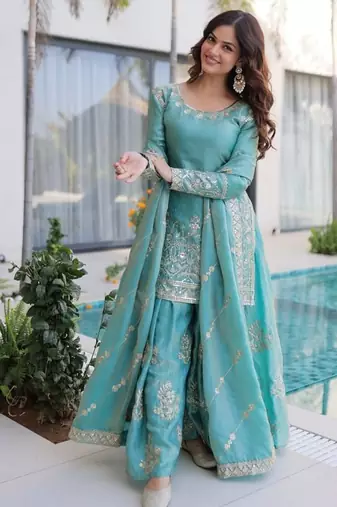 sky blue zari sequins embroidered sharara set with dupatta