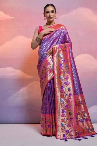 royal blue banarasi silk blend paithani kanjivaram weaving saree