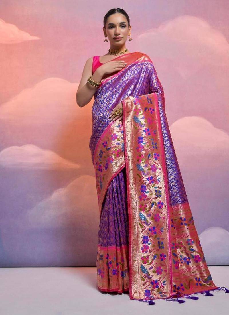 royal blue banarasi silk blend paithani kanjivaram weaving saree