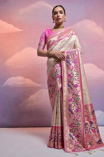 white banarasi silk blend paithani kanjivaram weaving saree