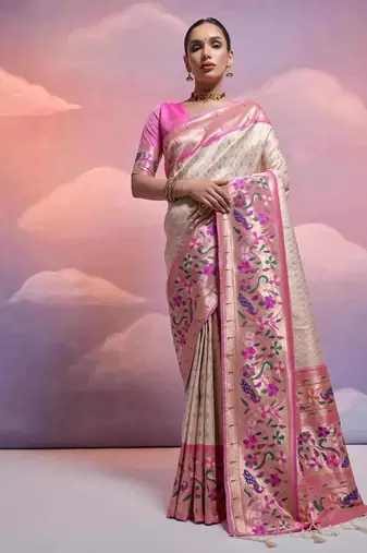 white banarasi silk blend paithani kanjivaram weaving saree