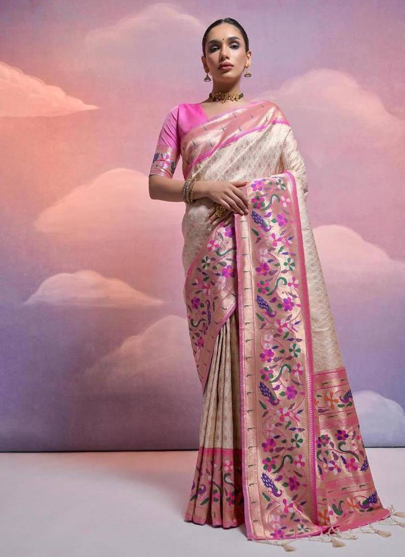 white banarasi silk blend paithani kanjivaram weaving saree