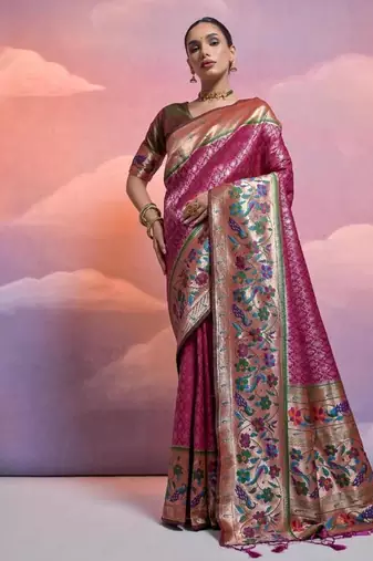 wine banarasi silk blend paithani kanjivaram weaving saree
