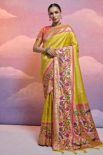 yellow banarasi silk blend paithani kanjivaram weaving saree