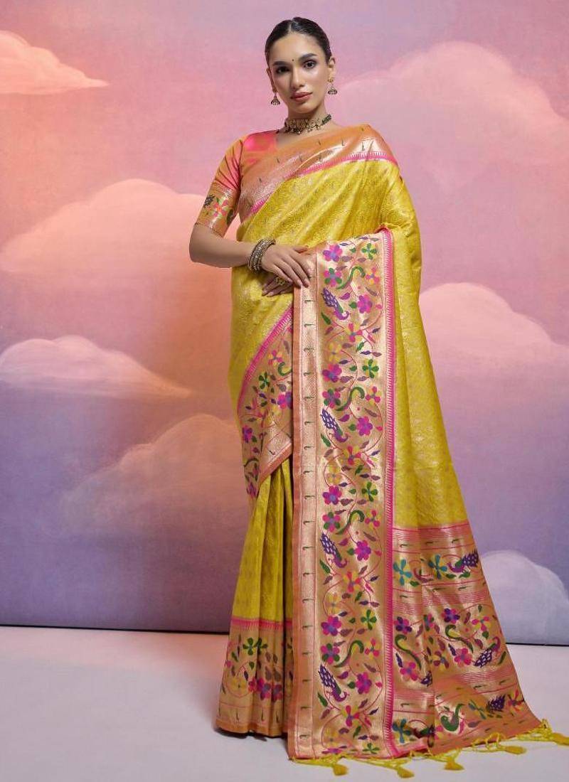 yellow banarasi silk blend paithani kanjivaram weaving saree