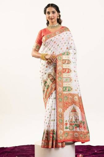 white faux banarasi pashmina weaving sarees