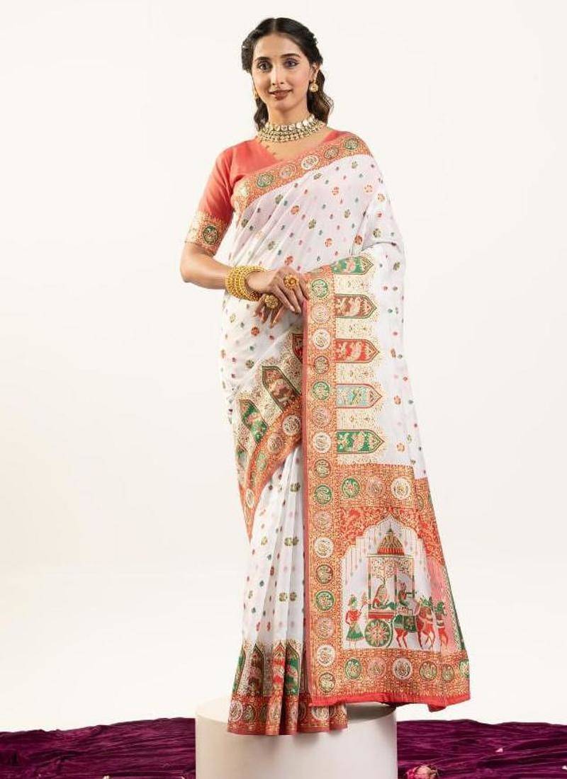 white faux banarasi pashmina weaving sarees