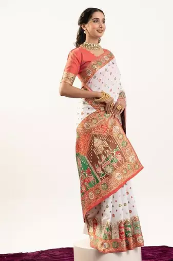 white banarasi heritage weave silk saree