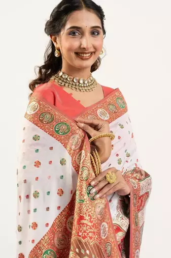 white banarasi heritage weave silk saree
