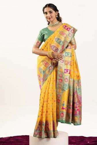 yellow faux banarasi pashmina weaving sarees