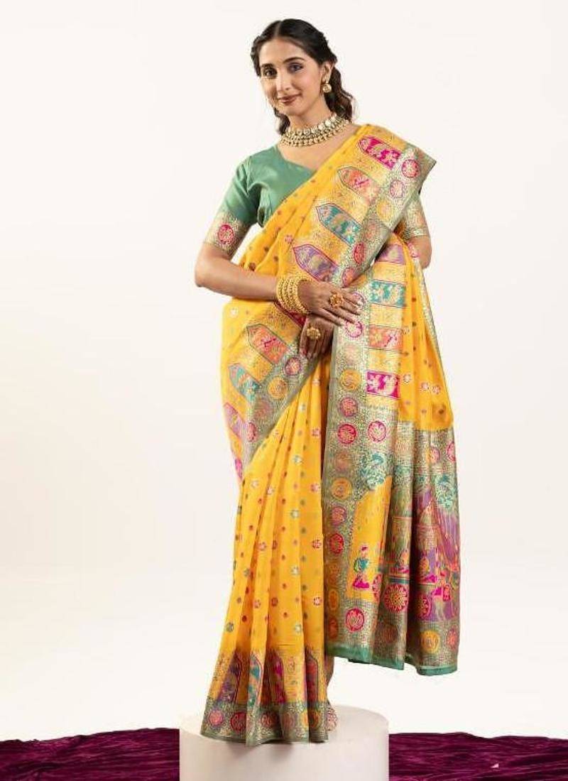yellow faux banarasi pashmina weaving sarees