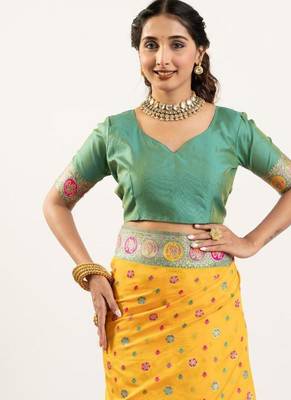 yellow banarasi meena work silk saree 4