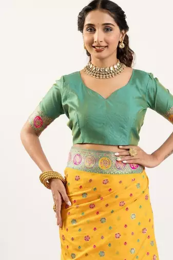 yellow banarasi meena work silk saree