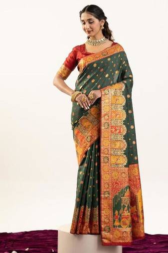 dark green faux banarasi pashmina weaving sarees