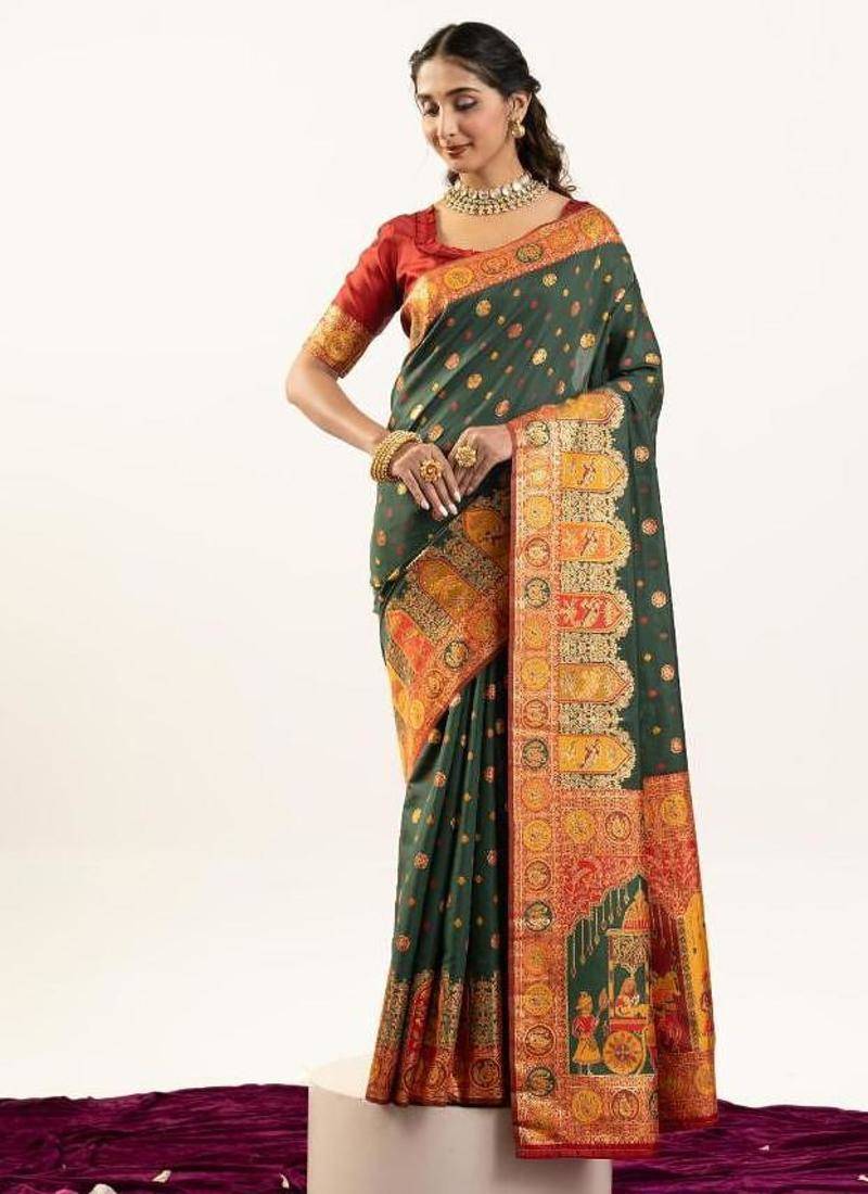 dark green faux banarasi pashmina weaving sarees