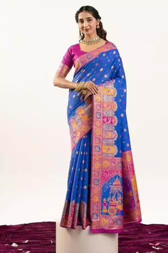 blue faux banarasi pashmina weaving sarees