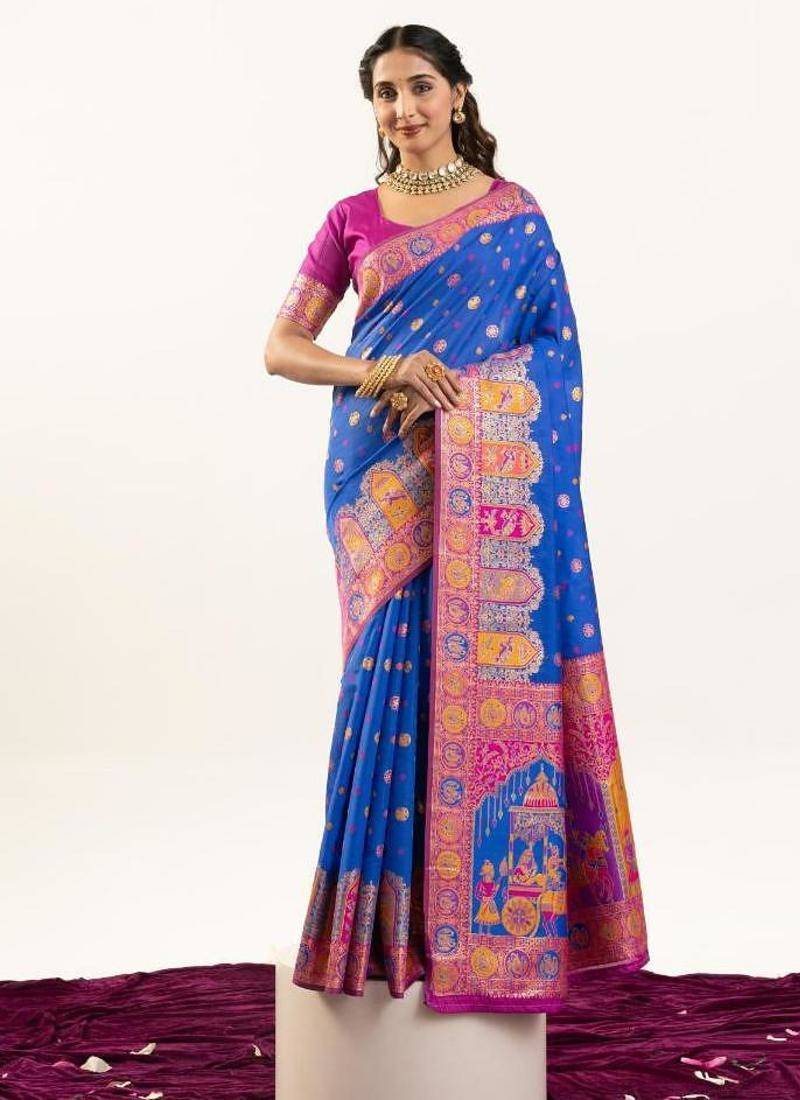 blue faux banarasi pashmina weaving sarees