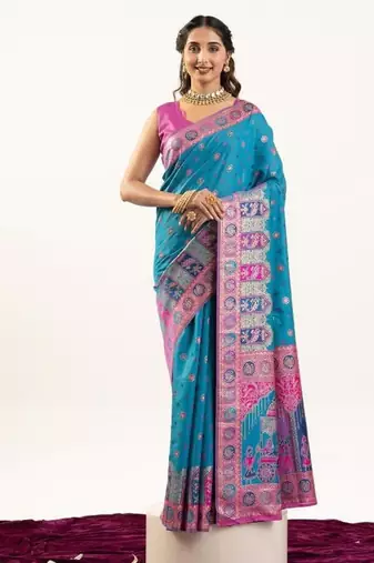 sky blue faux banarasi pashmina weaving sarees