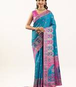 sky blue banarasi meena border silk saree