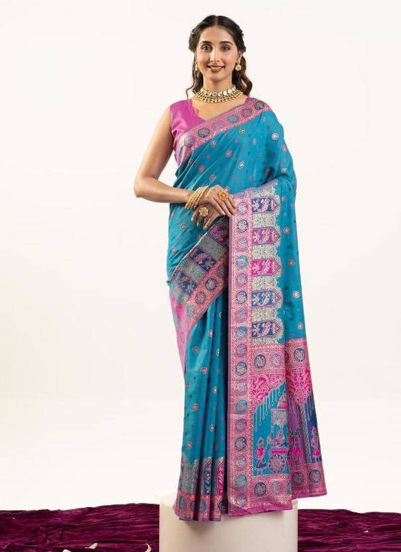 sky blue faux banarasi pashmina weaving sarees