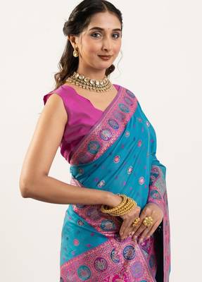 sky blue banarasi meena border silk saree 2
