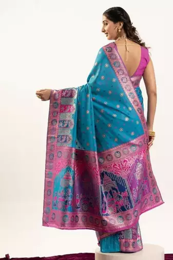 sky blue banarasi meena border silk saree