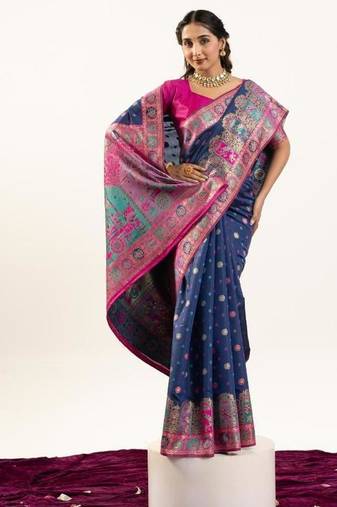 navy blue faux banarasi pashmina weaving sarees