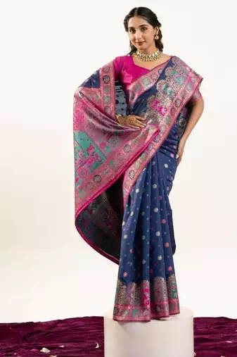navy blue faux banarasi pashmina weaving sarees