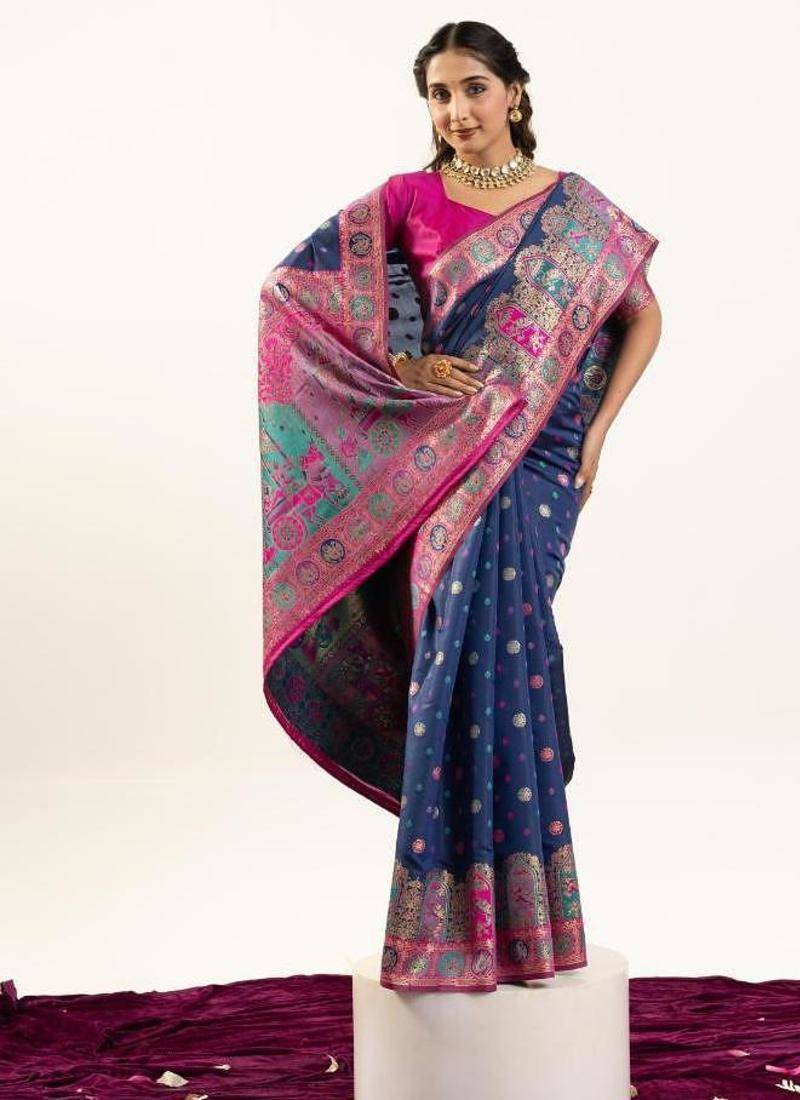 navy blue faux banarasi pashmina weaving sarees