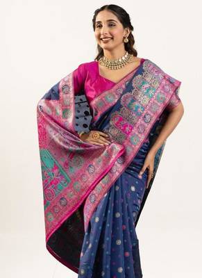 navy blue banarasi pashmina woven saree 2