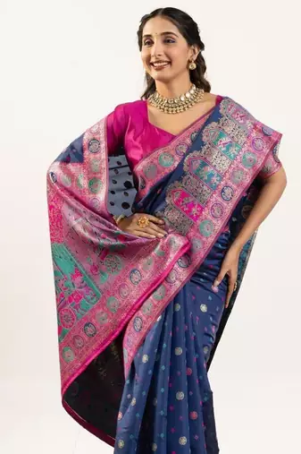 navy blue banarasi pashmina woven saree