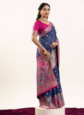 navy blue banarasi pashmina woven saree 3