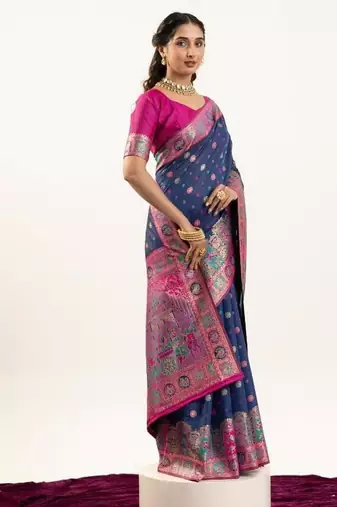 navy blue banarasi pashmina woven saree