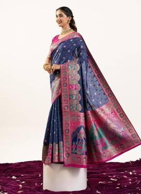 navy blue banarasi pashmina woven saree 4