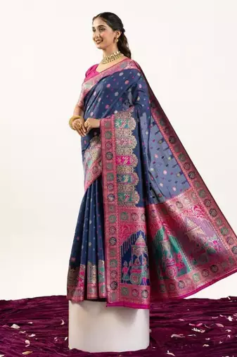 navy blue banarasi pashmina woven saree