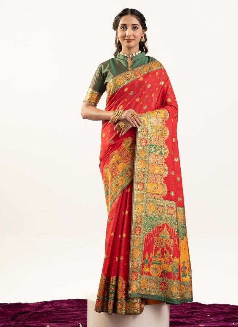 red faux banarasi pashmina weaving sarees