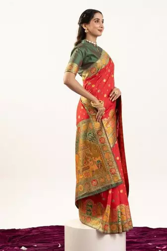 red banarasi pashmina soft silk saree