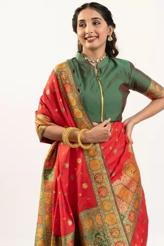 red banarasi pashmina soft silk saree