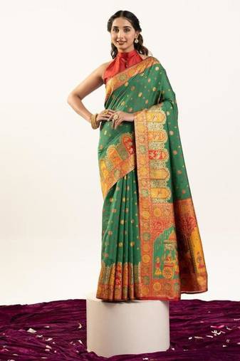 green faux banarasi pashmina weaving sarees