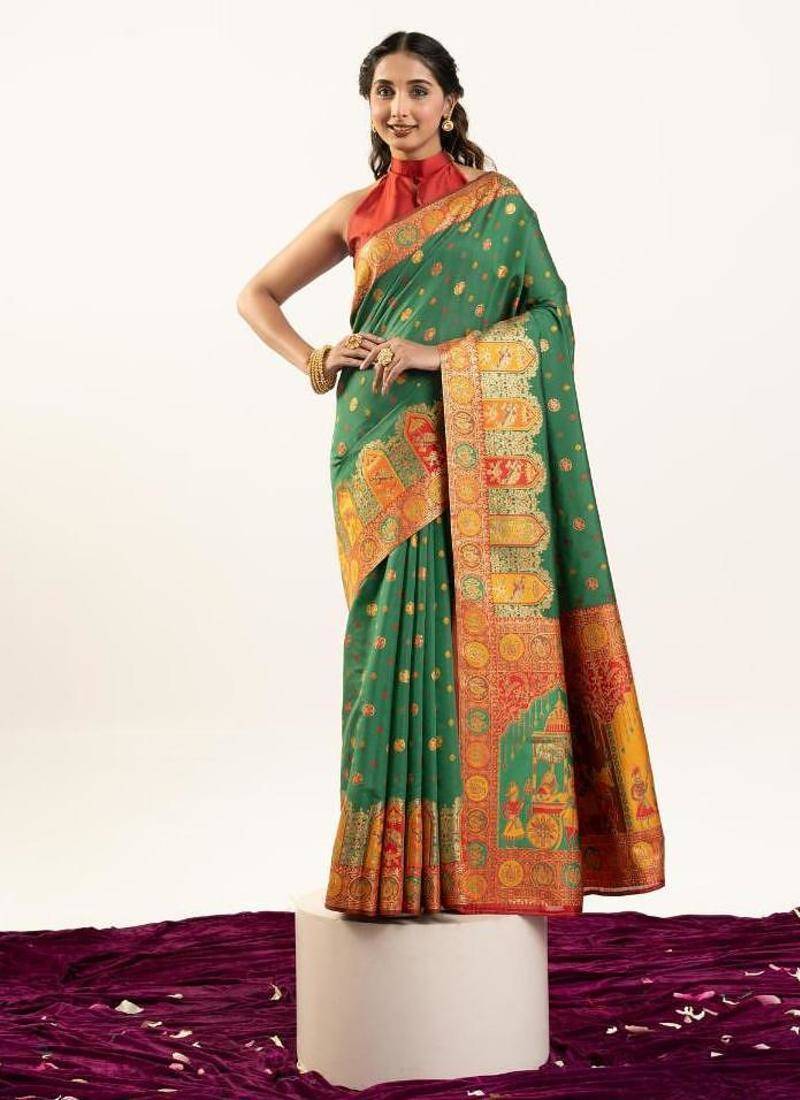 green faux banarasi pashmina weaving sarees