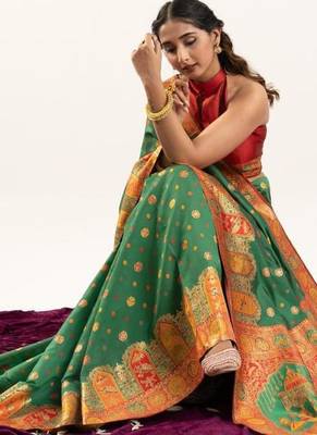 green banarasi pashmina woven saree 2