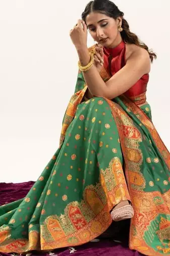 green banarasi pashmina woven saree