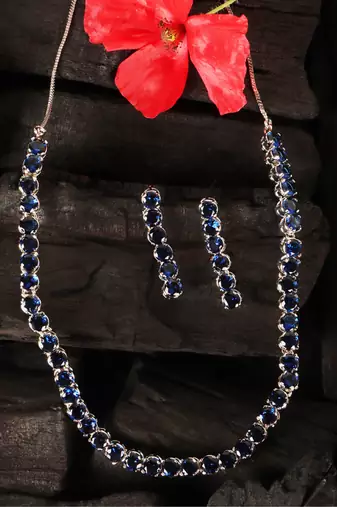 silver plated blue cz stone necklace set for women