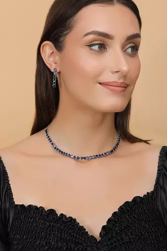 silver plated blue cz stone necklace set for women